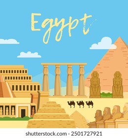 Fondo de Egipto. Lugares famosos históricos en las pirámides de Egipto Esfinge Vector Plantilla de dibujos animados