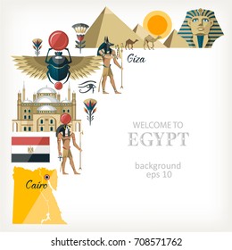 Egypt background with traditional symbols of country architecture gods ra anubis pyramids scarab