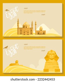 Egypt banner, tourism background, sphinx desert, africa, culture, vacation, design, in cartoon style vector illustration.