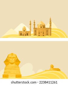 Egypt banner, tourism background, sphinx desert, africa, culture, vacation, design, in cartoon style vector illustration.