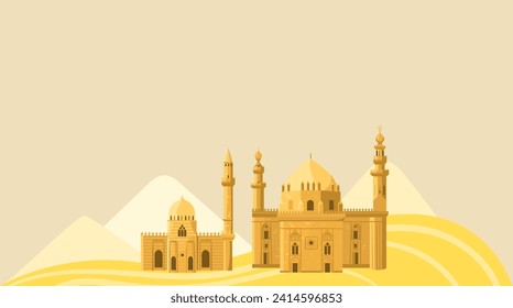 Egypt banner, tourism background, sphinx desert, africa, culture, vacation, design, in cartoon style vector illustration. Trip journey adventure, pyramid set ancient, african weekend concept.