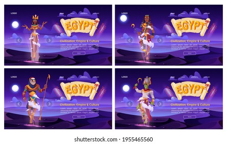 Egypt banners with ancient god Amun, Osiris, Pharaoh and Cleopatra on background of night desert. Vector landing pages with papyrus scroll, egyptian queen, god with falcon head, Horus and Amon Ra