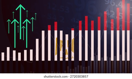 Egipto gráfico de barras con altibajos, valores crecientes, bandera de país de Egipto en gráfico de barras, flecha ascendente hacia arriba en los datos, idea de Anuncio de noticias, concepto de país en desarrollo