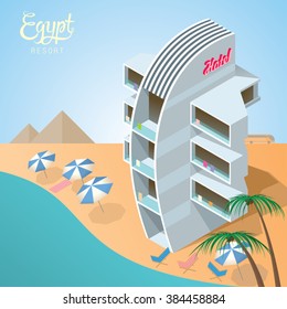 Egypt beach resort red sea. Modern hotel building on the beach next to the pyramids. Isometric style vector editable illustration EPS10. File contain transparent objects.