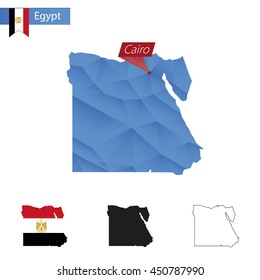 Egypt blue Low Poly map with capital Cairo, versions with flag, black and outline. Vector Illustration.