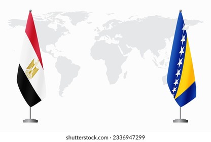 Egypt and Bosnia and Herzegovina flags for official meeting against background of world map.