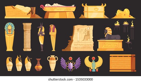 Egypt burial offering jars mummies coffins tombs amulets deities walls etching elements set black background vector illustration 