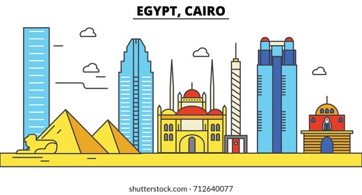 Egypt, Cairo. City skyline: architecture, buildings, streets, silhouette, landscape, panorama, landmarks. Editable strokes. Flat design line vector illustration concept. Isolated icons set