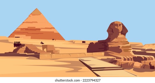 Egypt Cairo - Giza. General view of pyramids with Sphinx and some tourists.