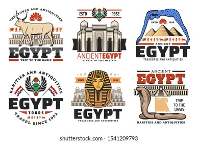 Egypt and Cairo travel tours to ancient landmarks and sightseeing. Vector trips to Egyptian pharaoh pyramids, sphinx and mummy, Egypt treasure antiquity and rarity shop signs