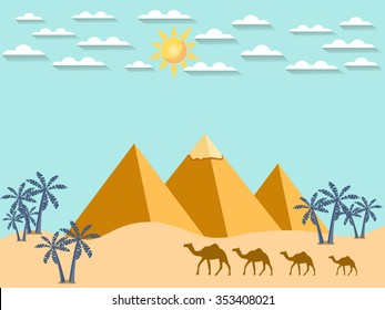 Egypt. Camels on the background of the pyramids. Landscape. Vector.
