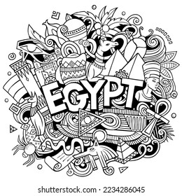 Dibujo del doodle de caricatura de Egipto. Diseño divertido. Fondo vectorial creativo. Texto manuscrito con elementos y objetos egipcios. Composición esquemática