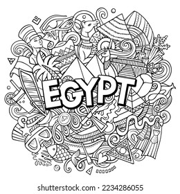 Egypt cartoon doodle illustration. Funny design. Creative vector background. Handwritten text with Egyptian elements and objects. Sketchy composition