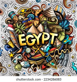 Egypt cartoon doodle illustration. Funny design. Creative vector background. Handwritten text with Egyptian elements and objects. Colorful composition