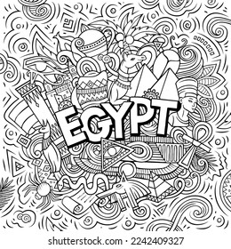 Egypt cartoon doodle illustration. Funny design. Creative vector background. Handwritten text with Egyptian elements and objects. Sketchy composition