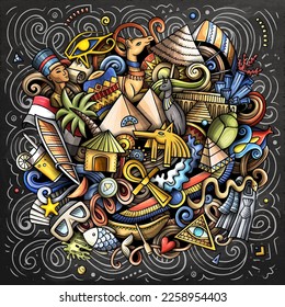 Egypt cartoon doodle illustration. Funny design. Creative vector background with African country elements and objects. Chalkboard composition