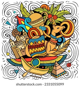 Egypt cartoon doodle illustration. Funny design. Creative vector background with African country elements and objects. Colorful composition