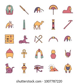 Egypt cartoon Icons set. Vector illustration with Egypt object with pharaon, mummy and camel. Egypt culture and traditions. Historic objects.