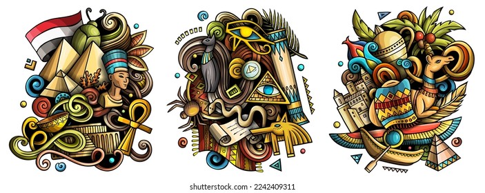 Diseños de doodles vectores de caricatura de Egipto. Coloridas composiciones detalladas con muchos objetos y símbolos egipcios. Isolación en ilustraciones blancas