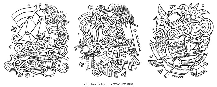 Diseños de doodles vectores de caricatura de Egipto. Coloridas composiciones detalladas con muchos objetos y símbolos egipcios. Isolación en ilustraciones blancas