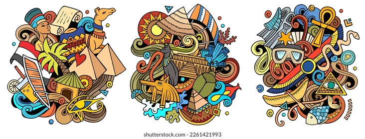 Diseños de doodles vectores de caricatura de Egipto. Coloridas composiciones detalladas con muchos objetos y símbolos egipcios. Isolación en ilustraciones blancas