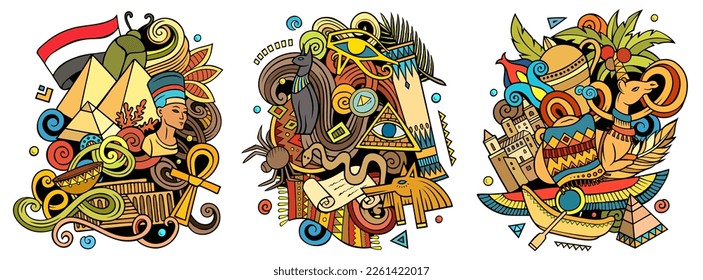 Diseños de doodles vectores de caricatura de Egipto. Coloridas composiciones detalladas con muchos objetos y símbolos egipcios. Isolación en ilustraciones blancas