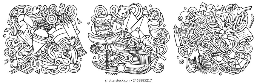 Conjunto de diseños de garabatos de Vector de dibujos animados de Egipto. Composiciones detalladas con muchos objetos y símbolos egipcios. Ilustraciones aisladas en blanco