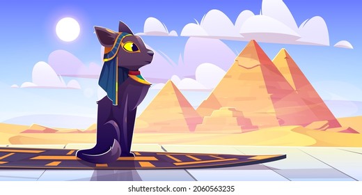 Bastet, diosa del gato egipcio, sentado en el suelo del palacio frente a las pirámides del faraón en el desierto del Sahara. Animales sagrados de dibujos animados, personajes antiguos de la deidad egipcia usan collar y paños para la cabeza, ilustración del vector