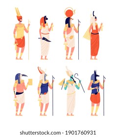 Egypt characters. Ancients egyptian god, old culture goddess. Osiris horus anubis statues, cartoon historical symbols utter vector collection