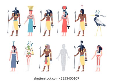 Egypt characters. Egyptian goddess and god, ancients kings. Historic flat character, gods ra and osiris. Pharaoh, museum figures recent vector set