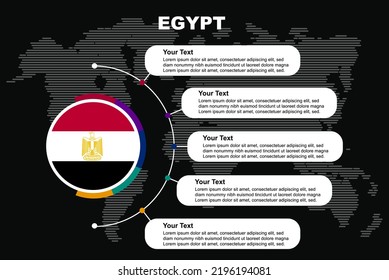 Egypt circle infographic with information text spaces, black background with world map, Egypt circle country flag, presentation graphic idea, info and data template for countries