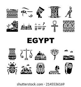 Egypt Civilization Landscape Icons Set Vector. Nefertiti Egypt Queen And Pharaoh Sarcophagus, Antique Vase And Ankh Ancient Decoration, Sahara Desert And Nile River Glyph Pictograms Black Illustration