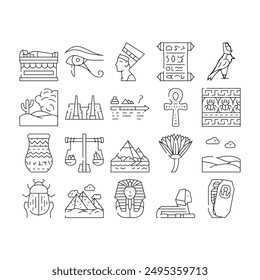 Egypt Civilization Landscape Icons Set Vector. Nefertiti Egypt Queen And Pharaoh Sarcophagus, Antique Vase And Ankh Ancient Decoration, Sahara Desert And Nile River Black Contour Illustrations