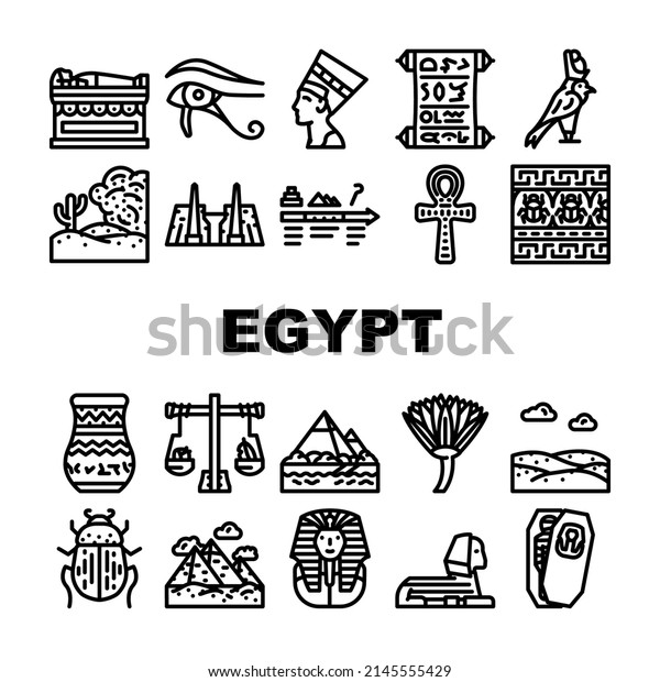 Egypt Civilization Landscape Icons Set
Vector. Nefertiti Egypt Queen And Pharaoh Sarcophagus, Antique Vase
And Ankh Ancient Decoration, Sahara Desert And Nile River Black
Contour Illustrations
