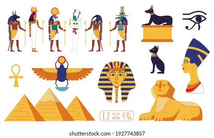 Egypt collection. Ancient Egyptian gods or mythology sacral creatures. Sphinx and pyramid. Stone sculptures. Isolated religion symbols. Cartoon decorative archeological elements. Vector historical set