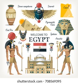 Egypt collection set with  traditional symbols of country giza pyramids gods pharaoh cairo citadel scarab and other