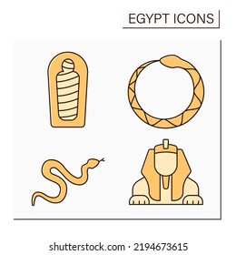 Egypt color icons set. Egyptian culture.Mummy, snake, ouroboros and sphinx. Traveling concept. Isolated vector illustrations 