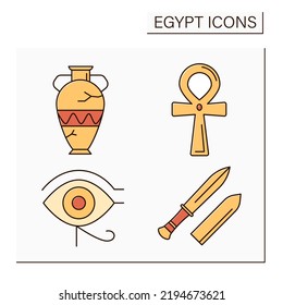 Egypt color icons set. Egyptian culture.Ancient jar, ankh, Ra eye, gold dagger. Traveling concept. Isolated vector illustrations 