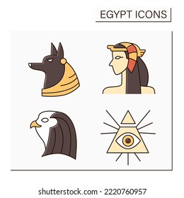 Egypt color icons set. Egyptian culture.Anubis, Cleopatra, Horus and Illuminati. Traveling concept. Isolated vector illustrations 