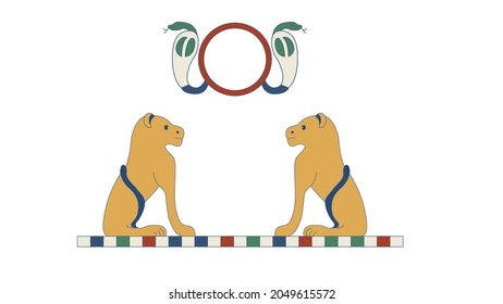 Egypt color ornamental lions and snakes. Ornamental element of Ancient Egypt. Color lions