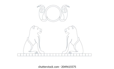 Egypt color ornamental lions and snakes. Ornamental element of Ancient Egypt. Linear lions