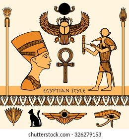 Egypt colored symbols set with Nefertiti profile isolated vector illustration