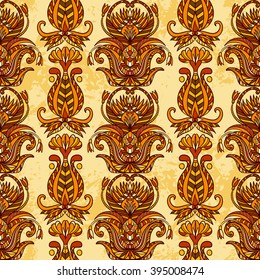 Egypt colorful floral ornament on aged paper background. Vintage vector hand drawn seamless pattern