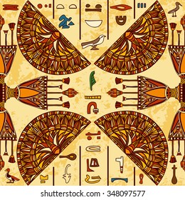 Egypt colorful ornament with ancient Egyptian hieroglyphs on aged paper background,. Vector seamless pattern. Hand drawn illustration