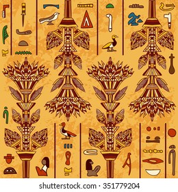 Egypt colorful ornament with ancient Egyptian hieroglyphs on aged paper background,. Vector seamless pattern. Hand drawn illustration