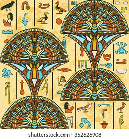 Egypt colorful ornament with ancient Egyptian hieroglyphs on aged paper background,. Vector seamless pattern. Hand drawn illustration