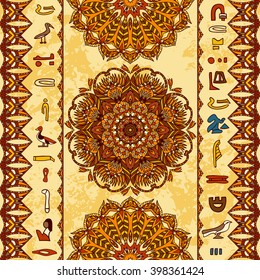 Egypt colorful ornament with ancient Egyptian hieroglyphs and ornate mandala with geometric ornament on aged paper background. Vector seamless pattern. Hand drawn vector illustration