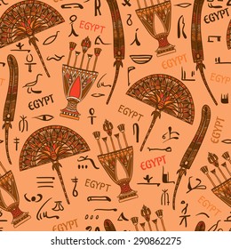 Egypt colorful ornament with elements and Silhouettes hieroglyphs of ancient Egyptian culture. Vector seamless pattern