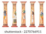 Egypt columns. Pillars of ancient egyptian temple, old stone or clay column god pharaohs engraving, capital sun throne temples ruins, cartoon ingenious vector illustration of ancient egyptian pillar