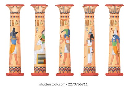 Egypt columns. Pillars of ancient egyptian temple, old stone or clay column god pharaohs engraving, capital sun throne temples ruins, cartoon ingenious vector illustration of ancient egyptian pillar svg